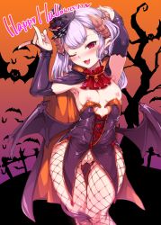 Rule 34 | 1girl, absurdres, arms up, bat wings, betoko, blush, breasts, bridal gauntlets, cleft of venus, cloak, demon girl, demon horns, demon tail, demon wings, elbow gloves, fang, fishnet pantyhose, fishnets, gloves, gluteal fold, halloween, happy halloween, harigane shinshi, hat, highres, horns, low wings, mini hat, mini top hat, nipples, no panties, one eye closed, open mouth, original, pantyhose, pointy ears, purple hair, pussy, red eyes, small breasts, solo, tail, top hat, wings