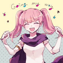 Rule 34 | 1girl, :d, ^ ^, bad id, bad pixiv id, blush stickers, breasts, closed eyes, dress, elbow gloves, english text, fire emblem, fire emblem: the blazing blade, gloves, holding, holding own hair, long hair, looking at viewer, medium breasts, nintendo, open mouth, pink hair, scarf, serra (fire emblem), smile, solo, star (symbol), starry background, sushitarou, twintails, upper body, white dress, white gloves