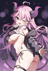 Rule 34 | 1girl, ;d, ahoge, ass, bikini, bikini under clothes, black bikini, black jacket, blush, breasts, commentary, copyright request, covered erect nipples, demon girl, demon horns, demon tail, ear piercing, from behind, hair between eyes, heart, heart ahoge, hood, hood down, hooded jacket, horns, jacket, large breasts, long hair, long sleeves, looking at viewer, looking back, mauve, off shoulder, one eye closed, open clothes, open jacket, open mouth, piercing, pink hair, pointy ears, puffy long sleeves, puffy sleeves, purple eyes, side-tie bikini bottom, sketch, sleeves past wrists, smile, solo, swimsuit, tail, unfinished, very long hair