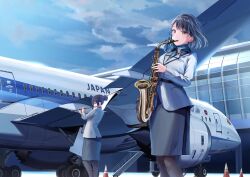 Rule 34 | 2girls, aircraft, airplane, airport, all nippon airways, black hair, black pantyhose, black skirt, blue sky, brown eyes, cloud, commentary request, day, flight attendant, flute, grey jacket, hair bun, highres, instrument, jacket, long sleeves, multiple girls, music, original, outdoors, pantyhose, pencil skirt, playing instrument, png pant (bus), saxophone, second-party source, short hair, single hair bun, skirt, sky, stairs, standing, traffic cone, travel attendant