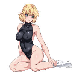 Rule 34 | 1girl, armpits, black leotard, blonde hair, blush, breasts, closed mouth, commentary request, covered erect nipples, full body, green eyes, highres, legs, leotard, looking to the side, medium breasts, mizuhashi parsee, no shoes, ootsuki wataru, pointy ears, shiny skin, short hair, simple background, single bare shoulder, solo, tabi, touhou, twitter username