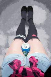 Rule 34 | 1girl, between thighs, black thighhighs, blurry, can, chinese text, d10c2, depth of field, female pov, from above, heart, highres, looking down, mary janes, original, over-kneehighs, pov, shoes, shorts, solo, sprite (drink), thighhighs, zettai ryouiki