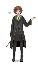 Rule 34 | 1girl, anger vein, artist name, black footwear, black pantyhose, blonde hair, brown hair, collared shirt, commentary, english commentary, full body, green necktie, harry potter: hogwarts mystery, harry potter (series), highres, hogwarts school uniform, holding, holding wand, jyan (jyan0209), long sleeves, looking at viewer, merula snyde, multicolored hair, necktie, open mouth, pantyhose, pink eyes, school uniform, shirt, shoes, short hair, simple background, slytherin, solo, torn clothes, two-tone hair, uniform, wand, white background, white shirt, wizarding world