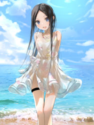 Rule 34 | 1girl, arms behind back, bare shoulders, beach, black hair, blue eyes, blue sky, blush, breasts, cloud, day, dress, feet out of frame, forehead, highres, jewelry, long hair, looking at viewer, necklace, ocean, open mouth, original, outdoors, parted bangs, sakazakinchan, shore, sky, sleeveless, sleeveless dress, small breasts, smile, sundress, thigh gap, thighs, white dress