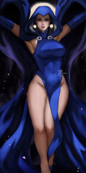 Rule 34 | 1girl, armpits, black hair, blue cape, blue dress, blue gloves, breasts, cape, covered navel, dc comics, dress, earrings, elbow gloves, forehead jewel, gloves, highres, jewelry, large breasts, lips, pelvic curtain, purple eyes, raven (dc), sleeveless, sleeveless dress, solo, teen titans, thick thighs, thighs, wei (promise 0820), wide hips