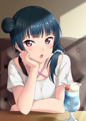 Rule 34 | 1girl, absurdres, bad id, bad twitter id, blue hair, blunt bangs, cafe, cherry, cup, drinking glass, drinking straw, elbow rest, facing viewer, food, fruit, hair bun, hair over shoulder, hair tie, head rest, highres, ice cream cone, indoors, light blush, long hair, looking to the side, love live!, love live! sunshine!!, multiple straps, oku 1225, open mouth, pink eyes, ponytail, pov across table, shadow, shirt, short sleeves, side bun, single side bun, sitting, solo, strap, table, tsushima yoshiko, upper body, white shirt