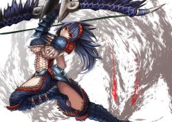 Rule 34 | 1girl, arched back, armor, black hair, blue legwear, bow (weapon), breasts, capcom, chaps, fangs, fishnets, fur trim, glowing, glowing eyes, hairband, highres, holding, holding weapon, hrtyuk, huge weapon, large breasts, leg up, long hair, looking at viewer, midriff, monster hunter (series), nargacuga, nargacuga (armor), navel, parted lips, red eyes, scales, solo, spikes, underboob, weapon