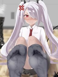 Rule 34 | 1girl, anger vein, beru (belse mmrkhr), blue archive, blush, boots, unworn boots, demon tail, feet, hair over one eye, highres, iori (blue archive), long hair, looking at viewer, panties, pantyshot, parted lips, pointy ears, red eyes, shoes, unworn shoes, single boot, single shoe, socks, soles, steam, tail, toes, twintails, underwear