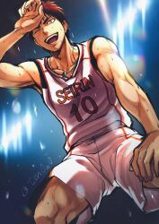 Rule 34 | 1boy, absurdres, artist name, basketball uniform, blurry, blurry background, collarbone, forked eyebrows, from below, hand on own knee, highres, jersey, jewelry, kagami taiga, kuroko no basuke, lights, male focus, necklace, one eye closed, open mouth, red hair, shorts, sleeveless, solo, sportswear, sweat, ten0u0, twitter username, wiping forehead