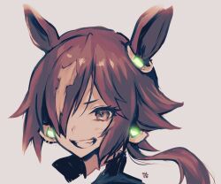 Rule 34 | 1girl, animal ears, brown eyes, brown hair, commentary request, glowing, grey background, grin, hair over one eye, high collar, highres, horse ears, long hair, looking at viewer, meme50, multicolored hair, portrait, signature, simple background, smile, solo, two-tone hair, umamusume, vodka (umamusume), white hair