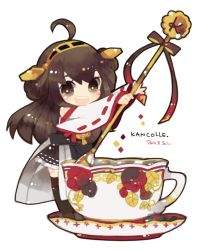 Rule 34 | 10s, 1girl, :d, bow, brown eyes, brown hair, cup, detached sleeves, double bun, hair bun, hairband, headgear, kantai collection, kongou (kancolle), long hair, looking at viewer, mini person, minigirl, nontraditional miko, open mouth, ribbon-trimmed sleeves, ribbon trim, saucer, smile, solo, spoon, sumisu (rinsumi), teacup, thighhighs, white background