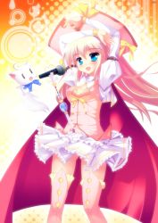 Rule 34 | 1girl, arms up, blue eyes, boots, cape, circle skirt, fang, hat, highres, long hair, magical girl, microphone, natsumiya yuzu, no panties, open mouth, original, pink hair, pink thighhighs, ribbon, skirt, solo, tail, thigh boots, thighhighs, wand, yellow thighhighs, zettai ryouiki