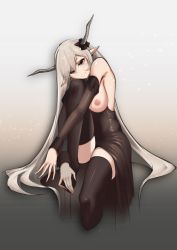 Rule 34 | 1girl, absurdres, arknights, black dress, black sleeves, black thighhighs, black wrist cuffs, brown eyes, cropped legs, demon horns, detached sleeves, dress, ghosty (xiaobai), gradient background, grey background, grey hair, head rest, head tilt, highres, horn ornament, horns, invisible chair, long hair, looking at viewer, nipples, no shoes, one breast out, pointy ears, shining (arknights), simple background, sitting, smile, solo, strapless, strapless dress, thighhighs, very long hair, wrist cuffs