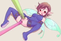 Rule 34 | 1girl, anal, anal object insertion, blush, boots, breasts, brown background, brown eyes, brown hair, censored, clothing aside, commentary request, double penetration, drinking straw, elbow gloves, fairy, fairy wings, full body, gloves, large insertion, leotard, leotard aside, looking down, lying, megami tensei, mini person, minigirl, multiple penetration, nollety, object insertion, on back, open mouth, pixie (megami tensei), pointy ears, purple thighhighs, pussy, pussy juice, see-through, short hair, simple background, solo, spread legs, thigh boots, thighhighs, vaginal, vaginal object insertion, wings