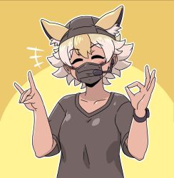 Rule 34 | 1girl, acesrulez, alternate costume, animal ears, blonde hair, blush, brown hat, brown shirt, closed eyes, collared shirt, commentary, coyote (kemono friends), fox shadow puppet, hat, highres, kemono friends, kemono friends v project, mask, microphone, ok sign, shirt, short hair, short sleeves, solo, t-shirt, upper body, virtual youtuber, watch, white hair, wolf ears