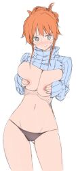 Rule 34 | 1girl, black panties, clothes lift, curvy, embarrassed, grabbing own breast, kaisen chuui, nami (one piece), one piece, panties, sweatdrop, sweater, sweater lift, thong, topless, turtleneck, turtleneck sweater, underwear, wide hips