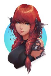 Rule 34 | 1girl, absurdres, au ra, warrior of light (ff14), blue eyes, breasts, commission, cropped torso, final fantasy, final fantasy xiv, highres, long hair, looking at viewer, medium breasts, red hair, solo, twintails, upper body, vvernacatola