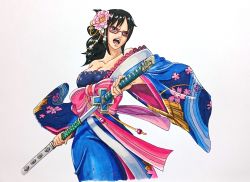 Rule 34 | :o, bare shoulders, black hair, blue kimono, breasts, cleavage, collarbone, flower, glasses, grey eyes, hair flower, hair ornament, highres, holding, holding sword, holding weapon, japanese clothes, katana, kimono, medium breasts, medium hair, one piece, pink flower, pink rose, red-framed eyewear, resolution mismatch, rose, scabbard, sheath, solo, source larger, sword, tashigi, traditional media, unsheathing, weapon, wide sleeves, yuichi (fanghart)