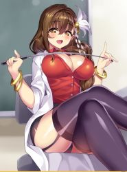Rule 34 | 1girl, artist request, bdsm, bikini, blush, breasts, brown eyes, brown hair, dominatrix, female focus, large breasts, long hair, naughty face, open mouth, seductive smile, shirayuri sakura, smile, solo, source request, swimsuit, thighhighs, whip