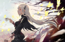 Rule 34 | 1girl, absurdres, black capelet, black dress, bug, butterfly, butterfly hair ornament, capelet, colored eyelashes, cup, dress, echidna (re:zero), hair ornament, highres, holding, holding cup, insect, long hair, long sleeves, looking at viewer, name1122, re:zero kara hajimeru isekai seikatsu, red eyes, smile, solo, teacup, water, white hair
