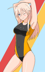 Rule 34 | 1girl, arms up, blonde hair, blue eyes, competition swimsuit, hachimitsu-b, hanna-justina marseille, long hair, one-piece swimsuit, one eye closed, strike witches, swimsuit, witches of africa, world witches series