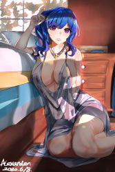 Rule 34 | 1girl, absurdres, arm support, azur lane, backless dress, backless outfit, bare shoulders, bed, blue hair, blue nails, breasts, champagne flute, cleavage, commentary request, cup, drawer, dress, drinking glass, earrings, evening gown, grey dress, hair between eyes, hair ornament, hairclip, halter dress, halterneck, highres, holding, holding cup, indoors, jewelry, large breasts, looking at viewer, nail polish, necklace, parted lips, pillow, pink eyes, plunging neckline, revealing clothes, side ponytail, sidelocks, silver dress, sitting, st. louis (azur lane), st. louis (luxurious wheels) (azur lane), thighs, yimkura
