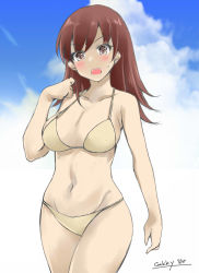 Rule 34 | 1girl, artist name, bikini, blue sky, breasts, brown eyes, brown hair, cloud, commentary request, cowboy shot, gakky, kantai collection, large breasts, long hair, looking at viewer, one-hour drawing challenge, ooi (kancolle), sky, solo, standing, swimsuit, yellow bikini