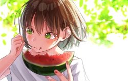 Rule 34 | 1girl, blurry, blurry background, blush, brown hair, commentary request, eating, food, food on face, fruit, green eyes, hair ornament, hami yura, hand up, holding, holding food, looking to the side, nail polish, off shoulder, original, shirt, short hair, solo, summer, upper body, watermelon, white shirt, x hair ornament