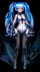 Rule 34 | 1girl, black gloves, blue eyes, blue hair, breasts, dev (dev0614), full body, gloves, hatsune miku, highres, long hair, looking at viewer, matching hair/eyes, solo, twintails, very long hair, vocaloid