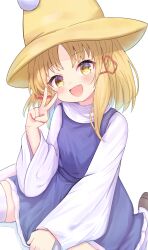Rule 34 | 1girl, blonde hair, blush, dress, hair ornament, hairclip, hat, highres, looking at viewer, medium hair, melenas (twdy2773), moriya suwako, open mouth, simple background, smile, solo, touhou, v, white background, yellow eyes, yellow hat