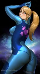 Rule 34 | 1girl, ass, blonde hair, blue bodysuit, blue eyes, blush, bodysuit, breasts, from behind, hair between eyes, hands up, highres, huge ass, long hair, looking at viewer, looking back, medium breasts, metroid, mole, mole under mouth, naughty face, nextoad, nintendo, ponytail, samus aran, sideboob, skin tight, solo, space, standing, thick thighs, thighs, wide hips, zero suit