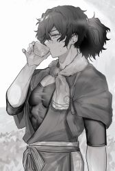 Rule 34 | 1boy, abs, blush, cup, drinking, fate/grand order, fate (series), greyscale, hair between eyes, highres, holding, holding cup, japanese clothes, male focus, monochrome, okada izou (fate), pectorals, ponytail, simple background, solo, sweat, toned, toned male, towel, towel around neck, tsuno (tnngur), upper body
