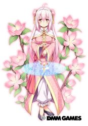 Rule 34 | 1girl, ahoge, black footwear, closed mouth, flower, flower knight girl, full body, hair flower, hair ornament, karin (flower knight girl), kokutou (kazuakifca), long hair, looking at viewer, magic circle, name connection, object namesake, official art, pants, pink hair, shawl, shoes, smile, solo, standing, white pants, yellow eyes