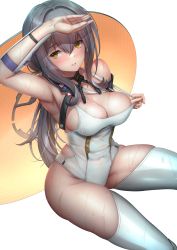Rule 34 | 1girl, adjusting clothes, adjusting strap, arm up, armpits, bare shoulders, blush, bodysuit, breasts, brick (atelier brick), cleavage, collarbone, commission, covered navel, curvy, dripping, feet out of frame, goddess of victory: nikke, grey hair, large breasts, leotard, long hair, looking at viewer, open mouth, parted lips, pixiv commission, resolution mismatch, revision, salute, scarlet (nikke), sitting, skin tight, skindentation, smile, solo, source larger, thighhighs, thighs, wet, wet clothes, white bodysuit, white leotard, white thighhighs, yellow eyes
