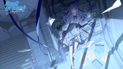 1girl absurdres bang_dream! bang_dream!_it&#039;s_mygo!!!!! black_ribbon blue_hair blue_ribbon braid character_name commentary copyright_logo copyright_name desk elinnasky falling_paper grey_skirt hair_ribbon hashtag-only_commentary highres long_hair long_sleeves lying neck_ribbon on_back open_mouth ribbon school_desk sheet_music shirt shirt_tucked_in sidelocks skirt solo stairs stairwell togawa_sakiko two_side_up white_shirt