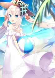 Rule 34 | 1girl, :d, ameshizuku natsuki, arms behind back, ball, bare shoulders, beach, beachball, blue eyes, blue sky, blush, brown hat, cloud, commentary request, day, dress, dutch angle, fate/grand order, fate (series), hair between eyes, hat, highres, holding, holding ball, horizon, long hair, looking at viewer, looking to the side, marie antoinette (fate), marie antoinette (swimsuit caster) (second ascension) (fate), ocean, off-shoulder dress, off shoulder, open mouth, outdoors, sand, sidelocks, sky, smile, solo, starfish hair ornament, sun hat, sunlight, twintails, very long hair, water, white dress