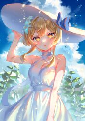 Rule 34 | 1girl, adapted costume, arm up, bare shoulders, blonde hair, blue bow, blue sky, blush, bow, breasts, cloud, cloudy sky, collarbone, day, dress, genshin impact, hair between eyes, hand on headwear, harushio, hat, hat bow, highres, leaf, looking at viewer, lumine (genshin impact), medium breasts, open mouth, outdoors, short hair, short hair with long locks, sidelocks, sky, sleeveless, sleeveless dress, solo, standing, white dress, white hat, yellow eyes