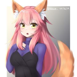 Rule 34 | 1girl, animal ears, black dress, border, dated, dress, fate (series), fox ears, fox tail, grey background, hand up, highres, klaius, long sleeves, looking at viewer, parted lips, pink hair, purple sweater, ribbed sweater, solo, sweater, tail, tamamo (fate), tamamo no mae (fate/extra), twitter username, upper body, white border, yellow eyes