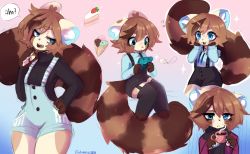 Rule 34 | 1girl, anakoluth, black sweater, black thighhighs, blue eyes, brown hair, furry, furry female, garter straps, highres, looking at viewer, original, overalls, red panda ears, red panda girl, red panda tail, short hair, solo, sweater, thighhighs