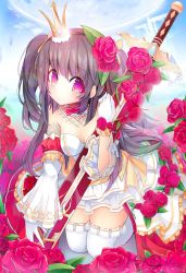Rule 34 | bad id, bad pixiv id, blue sky, blush, breasts, castle, cleavage, crown, day, detached sleeves, dress, flower, glint, gloves, hair flower, hair ornament, highres, holding, holding sword, holding weapon, kneeling, long hair, looking at viewer, mini crown, original, outdoors, pigat, pink eyes, pink flower, sheath, sheathed, sky, small breasts, smile, solo, sword, thighhighs, two side up, weapon, white dress, white gloves, white thighhighs