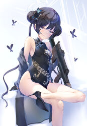 Rule 34 | 1girl, arm rest, armpit crease, assault rifle, bare legs, bare shoulders, black butterfly, black dress, black footwear, black gloves, black hair, blue archive, blue butterfly, blue eyes, blush, breasts, bug, butterfly, butterfly hair ornament, china dress, chinese clothes, closed mouth, crossed legs, double bun, dragon print, dress, floral print, foot out of frame, gloves, grey jacket, gun, hair between eyes, hair bun, hair ornament, half-closed eyes, half gloves, halo, high heels, highres, holding, holding gun, holding weapon, insect, jacket, kisaki (blue archive), legs, long hair, long sleeves, looking at viewer, nakazawa aki, no panties, off shoulder, open clothes, open jacket, pelvic curtain, pinstripe jacket, pinstripe pattern, rifle, shoes, short dress, side slit, sidelocks, sideways glance, sitting, sleeveless, sleeveless dress, small breasts, smile, solo, stiletto heels, striped, thighs, twintails, weapon