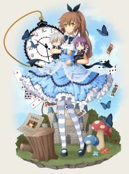 Rule 34 | absurdres, alice (alice in wonderland), alice (alice in wonderland) (cosplay), angelica rogner, aono (aonocrotowa), black bow, black neckwear, blue shirt, blue skirt, bow, brown hair, bug, butterfly, card, character doll, character request, clock, closed mouth, cosplay, crow armbrust, doll, eiyuu densetsu, falcom, faux figurine, full body, george nome, green eyes, hair between eyes, hair bow, high ponytail, highres, holding, holding doll, insect, layered skirt, long hair, looking at viewer, medium skirt, mushroom, pantyhose, print skirt, sen no kiseki, shirt, short sleeves, skirt, smile, standing, striped clothes, striped legwear, striped pantyhose, towa herschel, very long hair