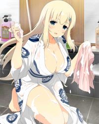 Rule 34 | 10s, 1girl, :d, barefoot, bathroom, blonde hair, blue eyes, blush, breasts, cleavage, collarbone, feet, hair ornament, hairclip, highres, holding, indoors, japanese clothes, kimono, kneeling, large breasts, long hair, looking at viewer, official art, on one knee, open clothes, open mouth, senran kagura, smile, soap bubbles, solo, tile floor, tiles, towel, wet, yomi (senran kagura), yukata