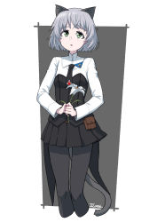 Rule 34 | 501st joint fighter wing, absurdres, animal ears, black necktie, black shirt, black skirt, cat ears, cat girl, cat tail, dragoncastle, green eyes, highres, looking up, military, military uniform, multicolored shirt, necktie, pantyhose, sanya v. litvyak, shirt, silver background, silver hair, skirt, solo, strike witches, tail, uniform, white background, white shirt, world witches series
