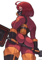 Rule 34 | 1girl, ass, back, black footwear, black gloves, bob cut, bodysuit, boots, breasts, commission, from below, gas mask, gloves, highres, holding, large breasts, latex, latex bodysuit, looking at viewer, looking back, mask, pyro (tf2), red bodysuit, red eyes, red hair, red pyro (tf2), short hair, simple background, solo, team fortress 2, thigh boots, wersman, white background