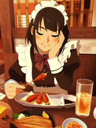 Rule 34 | 1girl, alcohol, apron, beer, blush, bow, bowtie, brown hair, closed eyes, commentary request, cup, drinking glass, eating, fish, food, frills, fruit, hand on own cheek, hand on own face, highres, holding, holding stick, indoors, lemon, lemon slice, long sleeves, maid, maid headdress, original, plate, puffy long sleeves, puffy sleeves, sitting, skewer, solo, stick, suzushiro (suzushiro333), white apron