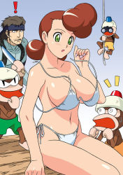 Rule 34 | !, 1girl, akie (saru getchu), assisted exposure, bikini, binoculars, blush, breasts, brown hair, cigarette, cleavage, creature, crossover, facial hair, gradient background, green eyes, green shorts, headband, knife, large breasts, looking at another, mature female, metal gear (series), metal gear solid, monkey, mouth hold, notice lines, open mouth, rope, rudoni, saru getchu, short hair, shorts, side-tie bikini bottom, simple background, sitting, solid snake, solo focus, stubble, surprised, swimsuit, voyeurism, wardrobe malfunction, white bikini