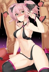 Rule 34 | 10s, 1girl, 4boys, bad id, bad pixiv id, badge, black panties, black thighhighs, blush, bow, bracelet, breasts, button badge, cameltoe, censored, clothed female nude male, criss-cross halter, cum, doko tetora, ejaculation, group sex, hair bow, halterneck, high heels, idolmaster, idolmaster cinderella girls, jewelry, jougasaki mika, large breasts, male pubic hair, multiple boys, multiple penises, nail polish, nude, o-ring, o-ring top, open mouth, panties, penis, pink hair, pointless censoring, pubic hair, sitting, spiked bracelet, spikes, standing, thighhighs, underwear, v, yellow eyes