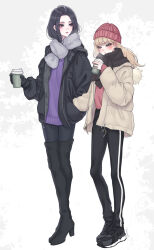 Rule 34 | 2girls, beanie, black eyes, black footwear, black gloves, black hair, black jacket, black pants, black pantyhose, black scarf, blonde hair, blush, boots, brown coat, brown eyes, coat, commentary request, cup, earrings, full body, gloves, grey scarf, hand in another&#039;s pocket, hand in pocket, hat, high heels, highres, holding, holding cup, jacket, jewelry, kanno fumi (kannno23), lips, long hair, long sleeves, looking at another, multiple girls, open clothes, open jacket, open mouth, original, pants, pantyhose, partial commentary, pink headwear, pink sweater, puffy sleeves, purple sweater, ring, scarf, sidelocks, sweater, thigh boots, twitter username, winter clothes, yuri