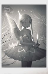 Rule 34 | 1girl, bare tree, border, braid, braided bangs, breasts, candle, candlelight, cinkai, collarbone, cowboy shot, cupping hands, dated, detached sleeves, dress, eyelashes, feathered wings, glint, hair bun, halo, highres, long hair, looking at viewer, merry christmas, one side up, original, own hands together, see-through silhouette, side bun, single braid, single side bun, small breasts, solo, strapless, strapless dress, tree, wings